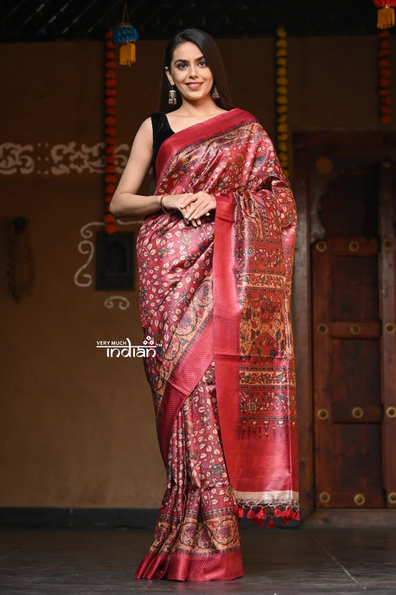 Raaga Ferrous Red Handloom Pure Tussar Silk with Traditional Kalamkari Prints
