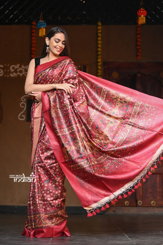 Raaga Ferrous Red Handloom Pure Tussar Silk with Traditional Kalamkari Prints