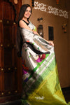 Abhimaan ~ Premium Handloom Pure Silk Muniya Border Paithanis - Parrot Green (High Quality)- Radha Krishna Pallu - verymuchindian.com