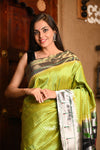 Abhimaan ~ Premium Handloom Pure Silk Muniya Border Paithanis - Parrot Green (High Quality)- Radha Krishna Pallu - verymuchindian.com