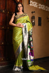Abhimaan ~ Premium Handloom Pure Silk Muniya Border Paithanis - Parrot Green (High Quality)- Radha Krishna Pallu - verymuchindian.com