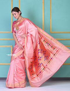 Amruta Khanvilkar's Choice! Traditional Pretty Peach Pink Pure Silk Double Pallu Paithani With Designer Peacocks Pallu (By Govt Certified Weavers) - verymuchindian.com