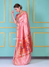 Amruta Khanvilkar's Choice! Traditional Pretty Peach Pink Pure Silk Double Pallu Paithani With Designer Peacocks Pallu (By Govt Certified Weavers) - verymuchindian.com