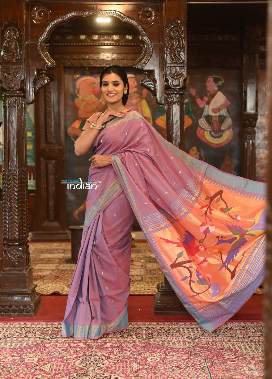 Authentic Handloom Pure Cotton Paithani with Handcrafted Peacock Pallu~ Dual tone Blue Pink - verymuchindian.com