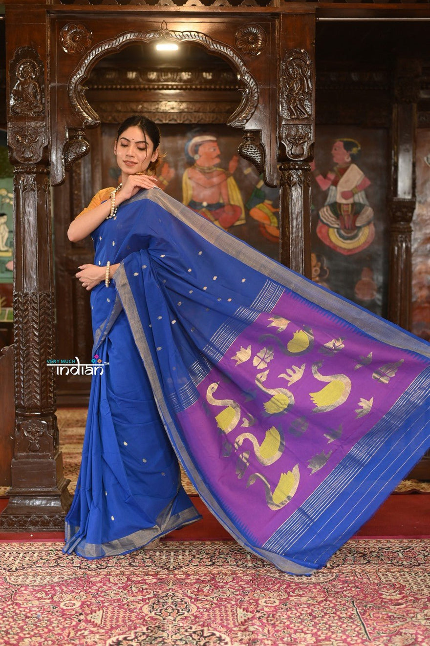 Authentic Handloom Pure Cotton Paithani with Handcrafted Swan Pallu~ Marine Blue - verymuchindian.com