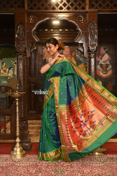 Authentic High Quality Pure Silk Paithani With Most Traditional Double Pallu~ Dual Tone Blue Green - verymuchindian.com