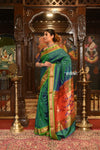 Authentic High Quality Pure Silk Paithani With Most Traditional Double Pallu~ Dual Tone Blue Green - verymuchindian.com