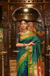 Authentic High Quality Pure Silk Paithani With Most Traditional Double Pallu~ Dual Tone Blue Green - verymuchindian.com