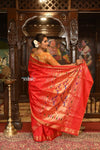 Authentic High Quality Pure Silk Paithani With Most Traditional Double Pallu~ Red Shade (By Government Certified Weavers) - verymuchindian.com