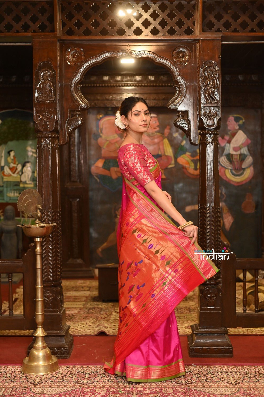 Authentic High Quality Pure Silk Paithani With Most Traditional Double Pallu~Rani Pink (By Govt Certified Weavers) - verymuchindian.com