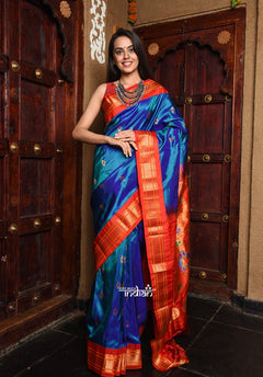 BestSeller Rajsi~ Pure Silk Handloom - Maharani Paithani in Dual Tone Blue with a striking Red Border and Pallu - verymuchindian.com