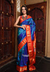 BestSeller Rajsi~ Pure Silk Handloom - Maharani Paithani in Dual Tone Blue with a striking Red Border and Pallu - verymuchindian.com