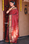 Bestseller ~ Traditional Handloom Pure Silk Solid Maroon Paithani with Green Border and Double Pallu(Oldest color of Paithani) - verymuchindian.com