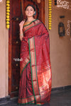 Bestseller ~ Traditional Handloom Pure Silk Solid Maroon Paithani with Green Border and Double Pallu(Oldest color of Paithani) - verymuchindian.com