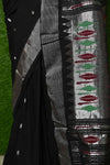 Cotton Paithani - Handloom Black Paithani with Silver Zari Traditional Double Pallu, 120 count High Quality Cotton - verymuchindian.com