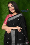 Cotton Paithani - Handloom Black Paithani with Silver Zari Traditional Double Pallu, 120 count High Quality Cotton - verymuchindian.com