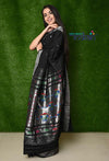 Cotton Paithani - Handloom Black Paithani with Silver Zari Traditional Double Pallu, 120 count High Quality Cotton - verymuchindian.com