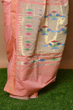 Cotton Paithani - Handloom Fresh Peach Paithani with Traditional Double Pallu - verymuchindian.com