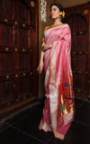 Dhun ~ Authentic Handloom Cotton Paithani in Light Pink and Golden 3 Parrots Pallu, High Quality Cotton - verymuchindian.com
