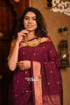 Dhun ~ Authentic Handloom Cotton Paithani in Wine Color and Golden Instrumental Pallu - verymuchindian.com