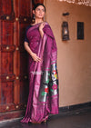 Dhun ~ Authentic Handloom Cotton Paithani in Wine Color with Silver Zari and Parrots Pallu - verymuchindian.com