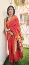 Dhun ~ Authentic Handloom Cotton Paithani - Red and Golden with 3 Parrots Pallu - verymuchindian.com