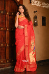 Dhun ~ Authentic Handloom Cotton Paithani - Red and Golden with 3 Parrots Pallu - verymuchindian.com