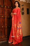 Dhun ~ Authentic Handloom Cotton Paithani - Red and Golden with 3 Parrots Pallu - verymuchindian.com