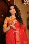 Dhun ~ Authentic Handloom Cotton Paithani - Red and Golden with 3 Parrots Pallu - verymuchindian.com