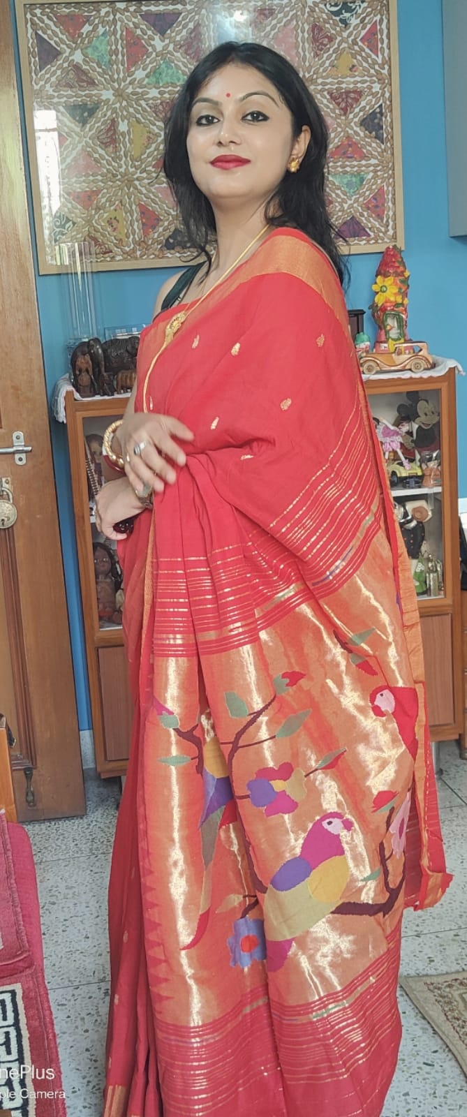 Dhun ~ Authentic Handloom Cotton Paithani - Red and Golden with 3 Parrots Pallu - verymuchindian.com