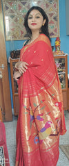 Dhun ~ Authentic Handloom Cotton Paithani - Red and Golden with 3 Parrots Pallu - verymuchindian.com