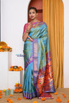 EXCLUSIVE! Authentic Dual Tone Powder Blue Paithani With Most Traditional Double Pallu (By Govt Certified Weavers) - verymuchindian.com