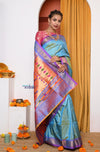 EXCLUSIVE! Authentic Dual Tone Powder Blue Paithani With Most Traditional Double Pallu (By Govt Certified Weavers) - verymuchindian.com