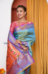 EXCLUSIVE! Authentic Dual Tone Powder Blue Paithani With Most Traditional Double Pallu (By Govt Certified Weavers) - verymuchindian.com