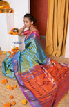 EXCLUSIVE! Authentic Dual Tone Powder Blue Paithani With Most Traditional Double Pallu (By Govt Certified Weavers) - verymuchindian.com