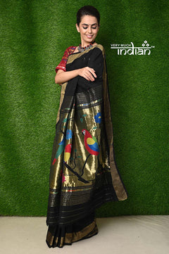 Exclusive Cotton Handloom Paithani - Black Colour with Designer 3 Parrots Pallu - verymuchindian.com