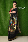 Exclusive Cotton Handloom Paithani - Black Colour with Designer 3 Parrots Pallu - verymuchindian.com