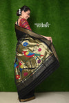 Exclusive Cotton Handloom Paithani - Black Colour with Designer 3 Parrots Pallu - verymuchindian.com