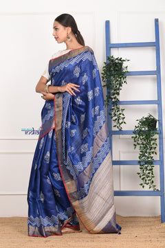 EXCLUSIVE! Handloom Desi Tussar Silk Royal Blue Saree With HandBlock Print - verymuchindian.com