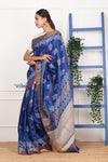 EXCLUSIVE! Handloom Desi Tussar Silk Royal Blue Saree With HandBlock Print - verymuchindian.com