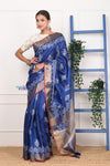 EXCLUSIVE! Handloom Desi Tussar Silk Royal Blue Saree With HandBlock Print - verymuchindian.com