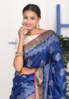 EXCLUSIVE! Handloom Desi Tussar Silk Royal Blue Saree With HandBlock Print - verymuchindian.com