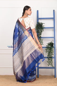 EXCLUSIVE! Handloom Desi Tussar Silk Royal Blue Saree With HandBlock Print - verymuchindian.com