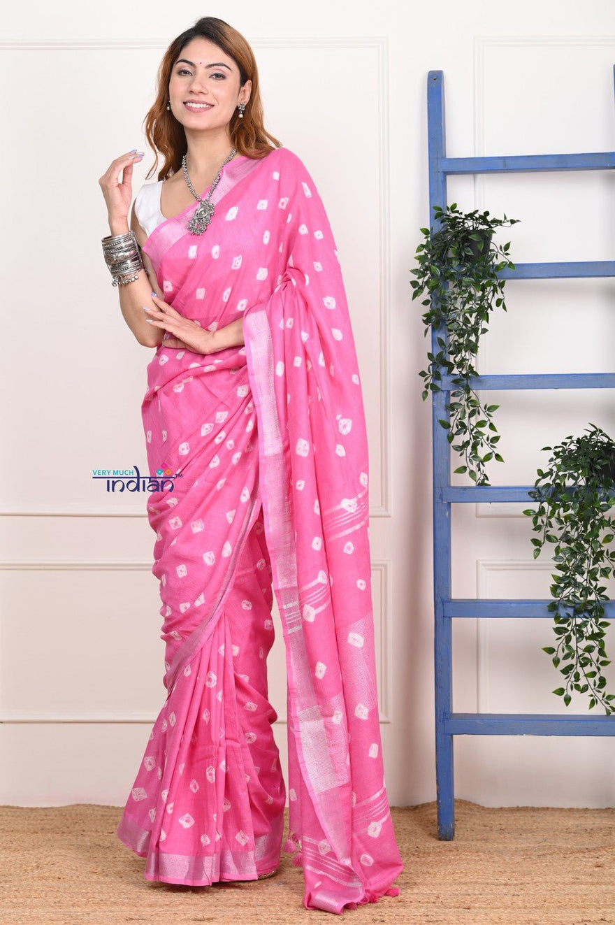 EXCLUSIVE! Handmade Tie and Dye Cotton Bindu Powder Pink Saree By Women Weavers - verymuchindian.com