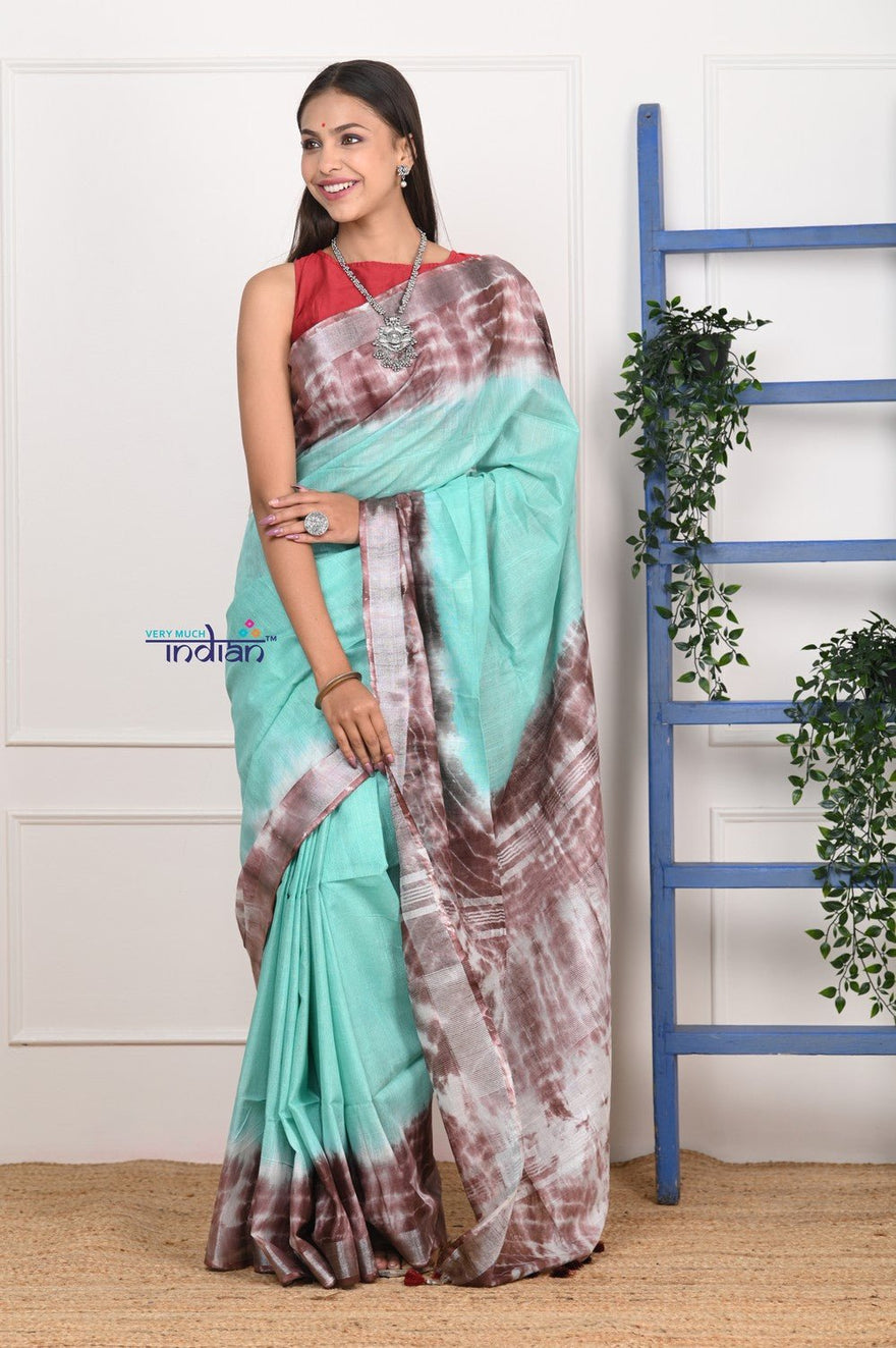 EXCLUSIVE! Handmade Tie and Dye Cotton Sea Green Saree By Women Weavers - verymuchindian.com