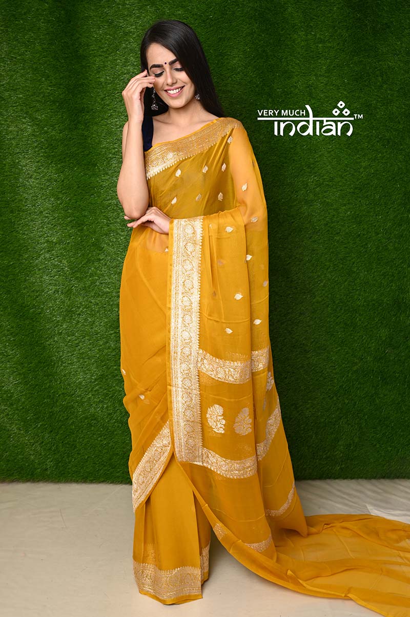 Exclusive Khaddi Pure Chiffon Banarasi Saree - Deep Yellow - verymuchindian.com