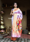 Exclusive Muniya Border - Authentic Handloom Pure Silk Muniya Border Paithani - Beautiful Lavender with 3 Parrots Pallu (High Quality Silk) - verymuchindian.com
