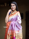 Exclusive Muniya Border - Authentic Handloom Pure Silk Muniya Border Paithani - Beautiful Lavender with 3 Parrots Pallu (High Quality Silk) - verymuchindian.com