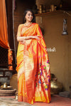 Exclusive Muniya Border - Authentic Handloom Pure Silk Muniya Border Paithani with Exclusive Pallu and Buttis - Dual Tone Beautiful Orange Pink - verymuchindian.com