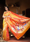 Exclusive Muniya Border - Authentic Handloom Pure Silk Muniya Border Paithani with Exclusive Pallu and Buttis - Dual Tone Beautiful Orange Pink - verymuchindian.com